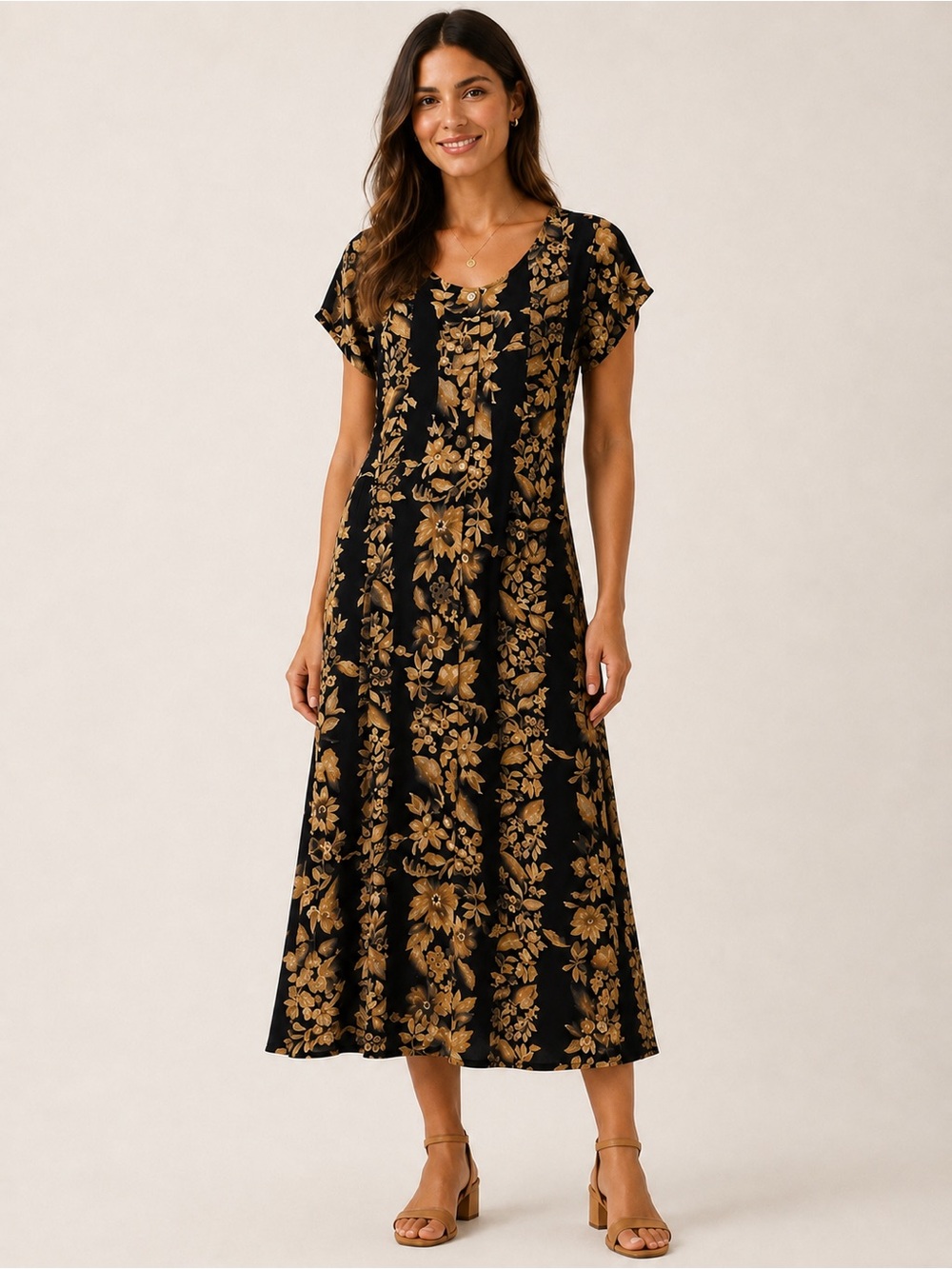 Vintage Hilo Hattie Hawaiian Floral Print Midi Dress Navy Tan Short Sleeve XS